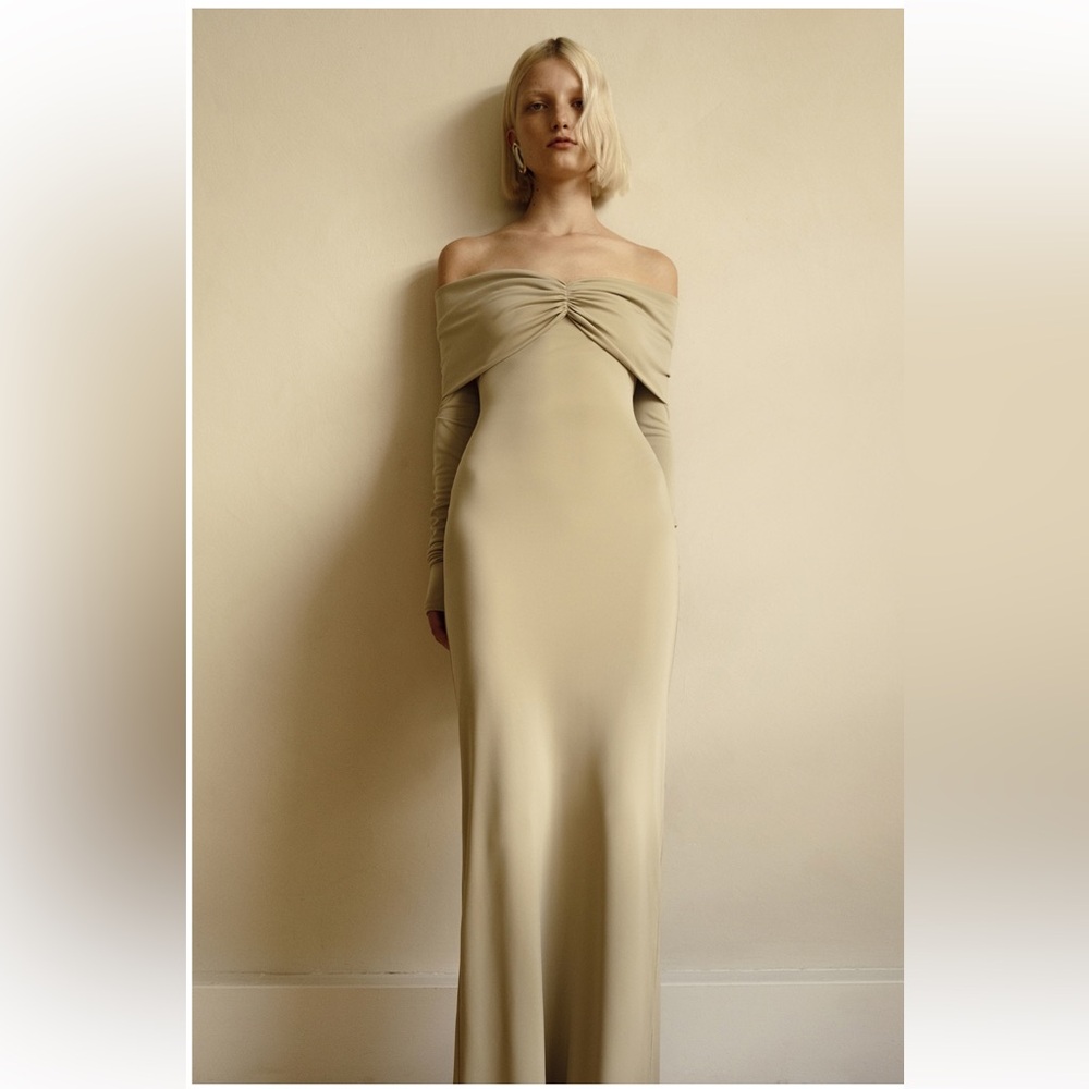 Helsa Matte Jersey Off-Shoulder Maxi Dress in Elm